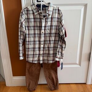 Plaid Button-Up Shirt and Brown Pants Set